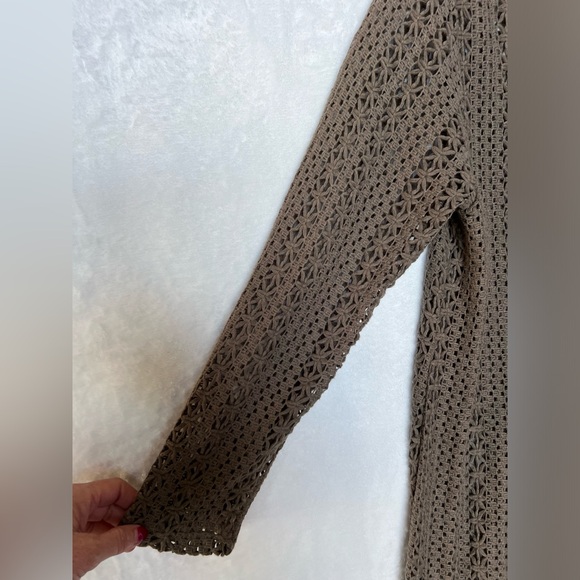 Studio Gem Q Open Front Crochet Sweater Embroidered Lace Trim Khaki Brown Large - Picture 3 of 7